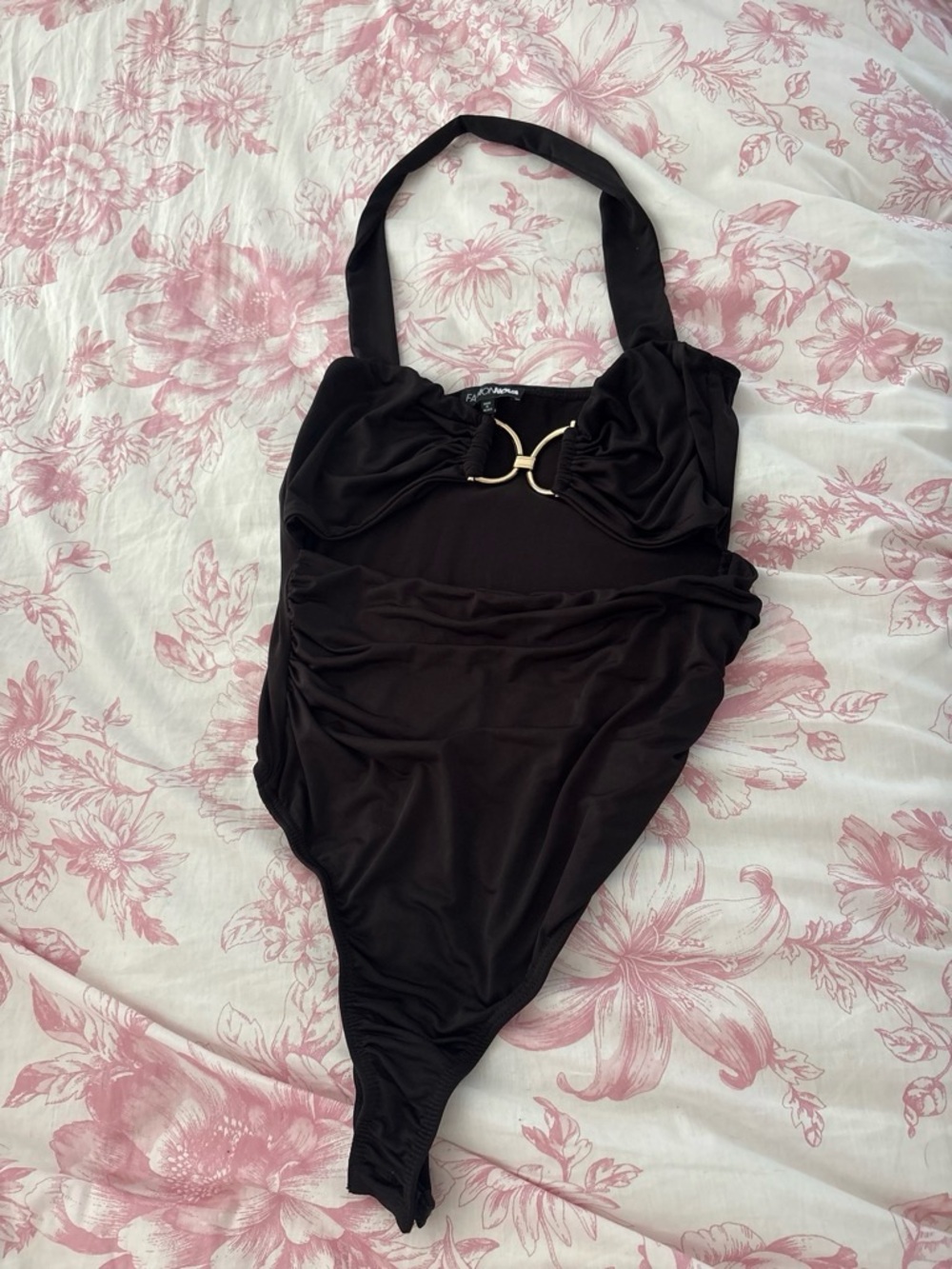 Black Cutout Bodysuit with Gold Ring - Picture 2 of 4
